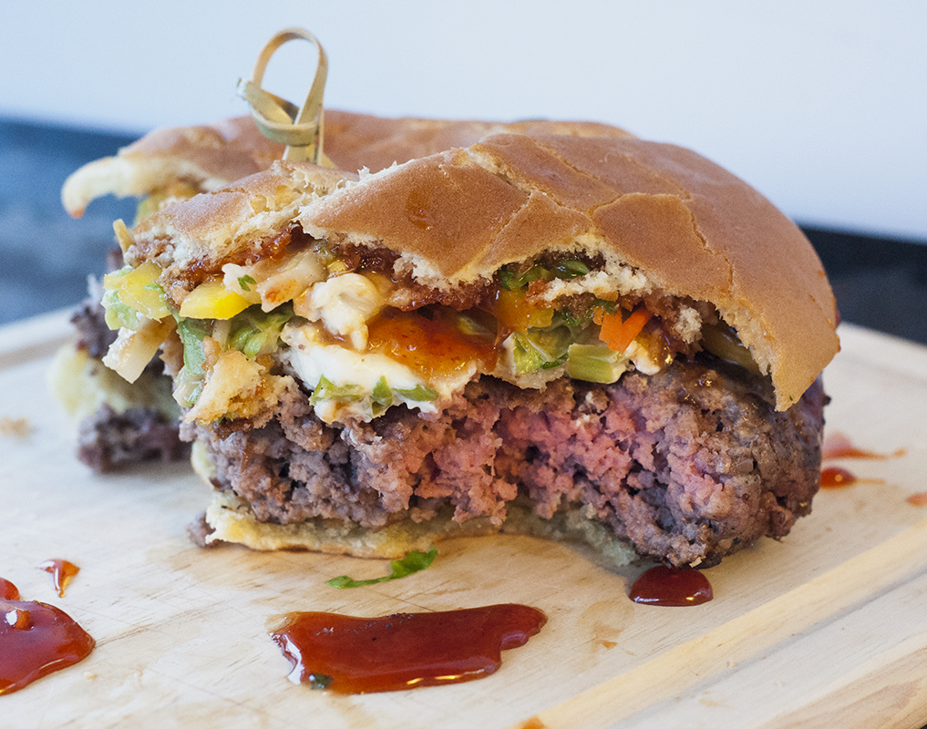 Chinese takeout burger with asian slaw and sweet chili sauce